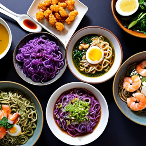 **Image Prompt:** A vibrant spread of Thai noodle dishes featuring colorful noodles made from local ingredients. Focus on "Kuay Teow Riceberry" (purple riceberry noodles) with pesto sauce and "Ba Mee Bai Toey" (pandan noodles) served cold with dashi soup, sweet egg, and shrimp tempura. The setting should evoke a home-cooked meal with fresh, garden-grown herbs.