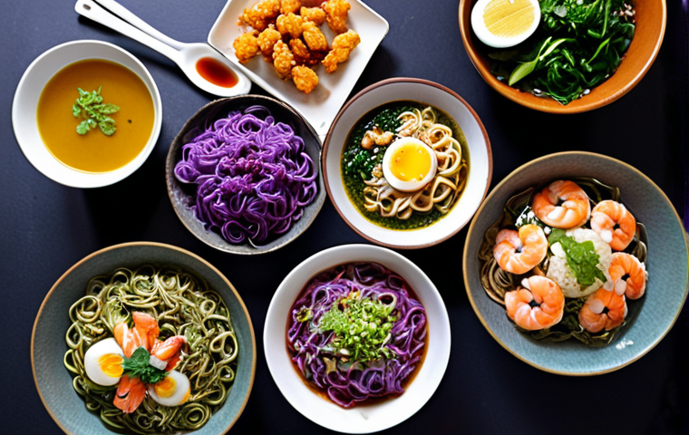 **Image Prompt:** A vibrant spread of Thai noodle dishes featuring colorful noodles made from local ingredients. Focus on "Kuay Teow Riceberry" (purple riceberry noodles) with pesto sauce and "Ba Mee Bai Toey" (pandan noodles) served cold with dashi soup, sweet egg, and shrimp tempura. The setting should evoke a home-cooked meal with fresh, garden-grown herbs.